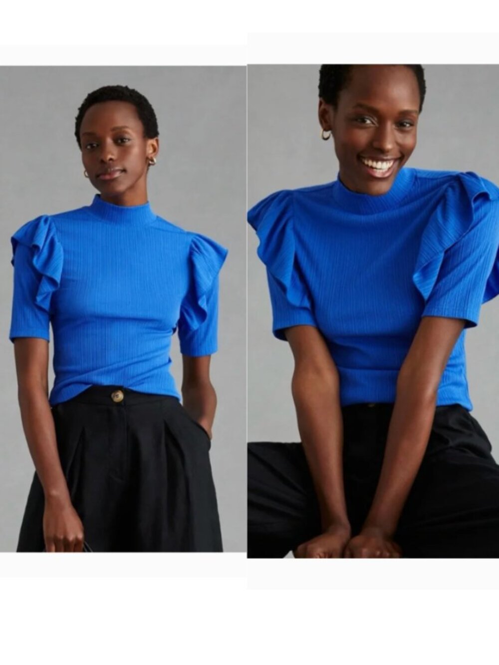 ANTHROPOLOGIE DOLAN Blue Ruffled Mock Neck Top Business Casual Cobalt Medium